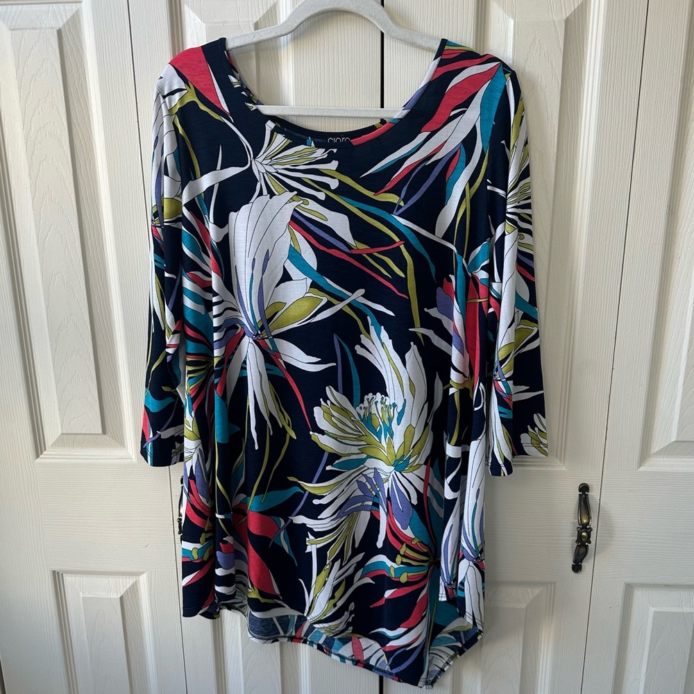 Clara Sun Woo Floral Print 3/4 Sleeve Tunic Asymmetric Hem Womens Size Large